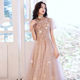 Ethnic Clothing Champagne Lady Maxi Dress Sexy Mesh Perspective Puff Sleeve Cheongsam Beaded Sequins Pleated Qipao Exquisite Banquet Dresses