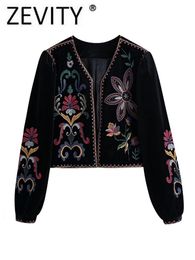 Women's Jackets Zevity Women Vintage Flower Embroidery National Style Short Coat Ladies Retro Open Stitching Casual Velvet Jacket Tops CT100 230105