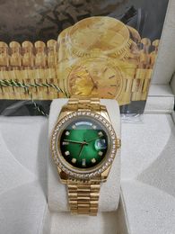 Original box certificate 18k Gold President Male Watches Day Date Diamonds Green dial Watch Men Stainless Diamond Bezel Automatic WristWatch 28136
