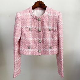 Women's Jackets Pink Plaid Woven Woollen Women Jacket Coat 2023 Autumn Winter Custom Fabric Diamond Button Short Coats High Quality