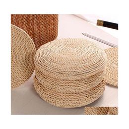 Cushion/Decorative Pillow 40Cmx40Cm Natural St Round Pouffe Tatami Cushion Weave Handmade Floor Japanese Style With Silk Wadding Drop Dhkux