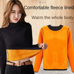 Women's T Shirt Fashion Casual Thermal Bottoming Tops Long Sleeve Autumn Winter Fleece T shirt Solid Colour Warm Tight Shirt for Female 230105