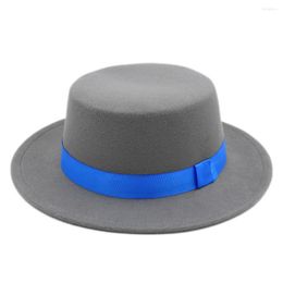 Berets Mistdawn Classic Wool Blend Boater Hat Wide Brim Pork Pie Cap Bowler Flat Top For Women Men W/ Blue Ribbon Size L