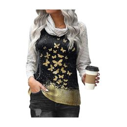 Women's T Shirts Fashion Streetwear Butterfly Print Clothing Vintage Tops Ladies Long Sleeve Scarf Collar Casual Tee