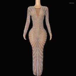 Stage Wear Sexy Luxury Crystal Rhinestones Mesh Perspective Long Dress Evening Prom Party Birthday Wedding Celebrate Host