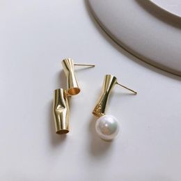 Stud Earrings Real 925 Sterling Silver Asymmetry Earring Gold Irregular Tube Design White Shell Pearl Studs OL Style Party Jewellery
