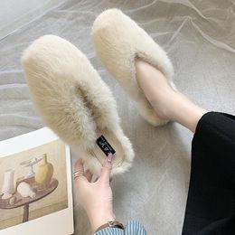 Slippers Autumn Women Fur Luxury Faux Rabbit Mules Outdoor Modern Winter Warm Home Flat Soft Indoor 230105