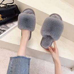 Slipper's Fluffy Fur Lady Autumn Winter Open Toe Home Warm Flock Shoes Candy Colour Soft Furry Floor Flats Slides 230105