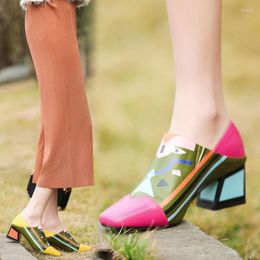 Dress Shoes Square Toe Color Matching Coarse Heel Pumps Shallow Leather Star Loafers Plus Size Comfortable Shopping Heels Women