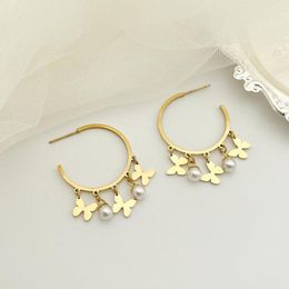 Hoop Earrings Temperament Butterfly Natural Pearl Pendant Geometric C-shaped Large Fashion Accessories Jewellery