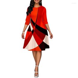 Casual Dresses Women Dress 2023 Elegant Christmas Print Year Evening Party O-Neck Red Chic Fasion High Waist A-Line