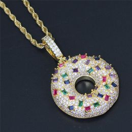 New Trendy White Gold Plated Bling Colourful CZ Stone Donut Pendant Necklace for Men Women with 24inch Rope Chain Hip Hop Jewellery