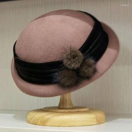 Berets Elegant Women Beret Hat Crimping Winter Wool With Fur Ball Decoration Formal Ladies Fascinator Dress Fedora