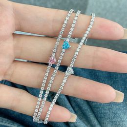 8A Cubic Zirconia 5x5mm Heart Tennis Bracelet Designer for Woman Luxury 925 Sterling Silver Jewellery White Pink Blue Chain Charm Womens Diamond Bracelet Gift Box