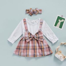 Girl Dresses FOCUSNORM 0-18M Autumn Baby Girls Lovely Romper Dress Headband 2pcs Long Sleeve Plaid Printed Bowknot A-Line Mini