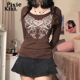 Women's T-Shirt PixieKiki Grunge Fairy Long Sleeve T Shirts for Women Female Y2k Top Vintage Clothes Love Wings Brown Graphic Tees P77-BE17 T230104