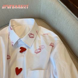 Women s Blouses Shirts Lipstick Printing Heart Button White Long Sleeve Blouse Shirt Spring Korean Casual Temperament Versatile Loose Top 230104