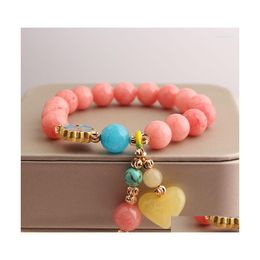 Charm Bracelets Rose Sisi Chinese Style Bracelet Heartshaped Agate For Women Elastic Beads Friendship Jewelry Gift Drop Delivery Dhcrv