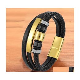 Charm Bracelets Tyo Mtilayer Braided Geometric Men Leather Bracelet Stainless Steel Magnet Clasp Bangles Jewellery Wholesale Drop Deliv Dhuta