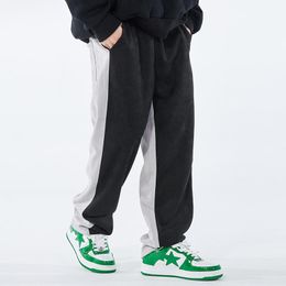 Men's Pants Harajuku Letter Embroidery Colour Match Suede Trousers For Men And Women Drawstring Oversized Stragiht Loose