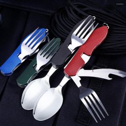 Dinnerware Sets Camping Cutlery Folding Tableware Knife Fork Spoon Bottle Opener Outdoor 4 In 1 Stainless Steel Utensils Equipment