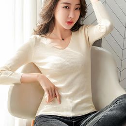Women's T Shirts Knitted Long Sleeve Top Shirt Women Basic Woman Tshirt Thin V Neck Soild Elasticity Tee Femme T-shirts 2023 Autumn Korean