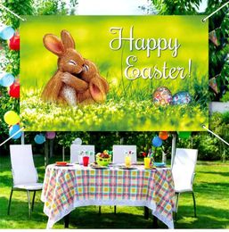 3x5 FT Happy Easter Backdrop Spring Rabbit Colourful Eggs Green Background Bunny Banner for Easters Party Decoration Yard Sign with Four Brass Grommets