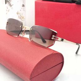 Designer Sunglasses Woman Summer Beach Gold Letter on Lens Rimless Hexagonal Sun Glasses Fashion Shade Frames Cat Eye Eyewear Brown C Shades good