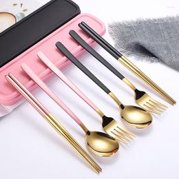 Dinnerware Sets 3PCS/Set Cutlery With Box Holder 304 Stainless Steel Spoon Fork Chopsticks Set Travel Tableware Kitchen Accessories
