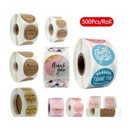 Gift Wrap 500Pcs/Roll 10 Styles Flowers Heart Thank You Adhesive Sticker Scrapbooking Handmade Business Packaging Seal Decoration St Dhk75