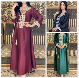 Ethnic Clothing Muslim Women Graceful Full Body Embroidery Dress Middle East V-neck Sleeve Ankle-length Satin Loose Dresses 2023 Autumn