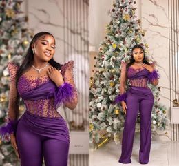 Arabic Aso Ebi Purple Jumpsuits Prom Dresses Beaded Feather Illusion Long Sleeve African Evening Gown with Pant Suit Plus Size