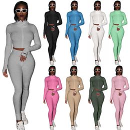 Women Two Pieces Pants Deisgner Tracksuits Slim Sexy Solid Colour Nightclub High Neck Thread Embroidery Letter Zipper Sports Suits