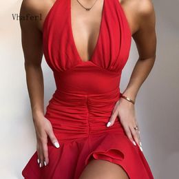 Casual Dresses Vhaferl 2023 Summer Dress Women Fashion Halter Ruffle Sexy High Waist V-Neck Pleated Party Mini Red Vestidos