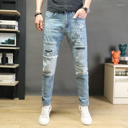 Men's Jeans Men Streetwear Casual Summer Light Blue Ripped Jean Fashion Patchwork Patches Pants Slim Fit Denim Trousers