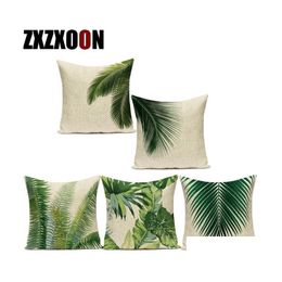 Cushion/Decorative Pillow Cotton Linen Decorative Throw Pillows Monstera Palm Leaf Tropical Green Plant Cushion Er For Sofa Living R Dhkuo