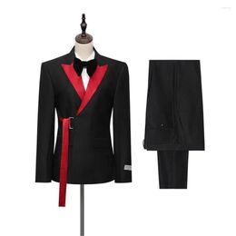 Men's Suits Double Breasted Black Mens With Red Belt Costume Homme Wedding Groom Man Tuxedo Terno Masculino Slim Fit Men Suit Blazer