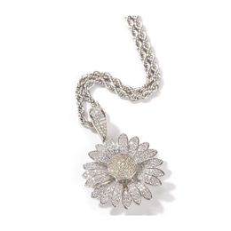 Pendant Necklaces Hip Hop Rotatable Sunflower Necklace Fl Bling Zircon 18K Real Gold Plated Jewellery Drop Delivery Pendants Dhrlz