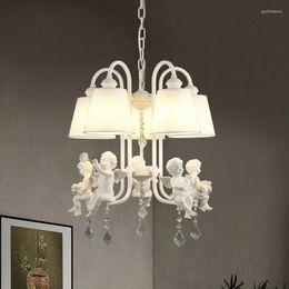 Chandeliers White Angel Pendant Chandelier Nordic Creative Hang Light Fixture For Boy Girl Bedroom American Garden Doll Lamp