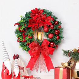 Decorative Flowers 1pc Reusable Christmas Hanging Wreath With Light Artificial Cedar Red Balls For Front Door Decor