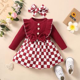 Girl Dresses Autumn Kids Baby Dress Long Sleeve Fashion Round Neck Bow Knot Red Check Print Infant A-line