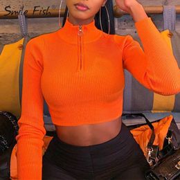 Women's T-Shirt Sexy Tess Short Crop Tops Ribbed Women T Shirts Autumn Clothes Zip-up Long Sleeve Turtleneck Knitted Shirt Neon Green Club GV907 T230104