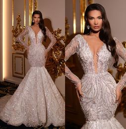 Glitter Mermaid Wedding Dresses Sequined Lace Illusion Bridal Gown Custom Made Deep V Neck Wedding Gowns