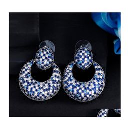 Charm Luxurious French Big Circle Diamond Earring Designer For Woman Party Fl Blue Aaa Cubic Zirconia South American Women Sier Earr Dhgcc