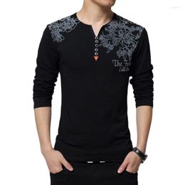 Men's T Shirts T-Shirt Long Sleeves Cotton Fashion Floral Print V-Neck Casual Loose Bottom Shirt Man Clothing Brand Tees Plus Size 5XL