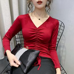Women's T Shirts Gkfnmt Crop Tops Long Sleeve Short Shirt Women Tshirt Cotton Korean Style V-Neck Clothes Tee Femme 2023