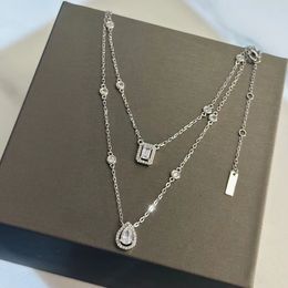 Pure 925 Sterling Silver Crystal Water Drop Necklaces Charm Two Layers Tassel Chain Jewelry Women Geometric Ice Diamond Pendant Rectangle Design