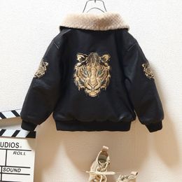 Down Coat Winter Pu Leather Jacket Tiger Plus Velvet Big Kids Fashion Clothes For Teens Boys Cardigan Children Outwear s 230105
