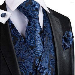 Men's Vests Hi-Tie Navy Men's Vest Suit Black Paisley Silk Waistcoat For Men Floral Fashion Handky Cufflinks Set Wedding Business Party