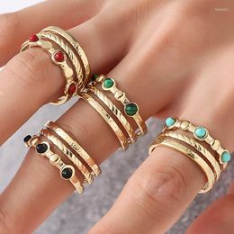 Cluster Rings Bohemian Gold Plated Wide Opening Stainless Steel Ring For Woman Hollow Multilayer Inlaid With Turquoise Jewelry